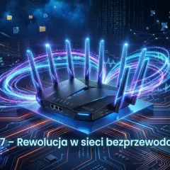 Router WiFi 7 z neonowymi falami danych, symbolizujący rewolucję w łączności bezprzewodowej.