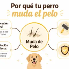 Infografía explica por qué tu perro muda el pelo: renovación natural, adaptación estacional, salud y limpieza, y protección.