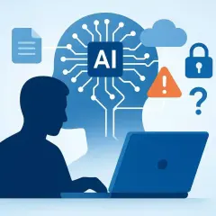 Człowiek pracuje przy laptopie, a w tle głowa z układem AI. Obok ikony chmury, kłódki i znaku zapytania. Może to być chatbot.