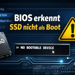 BIOS erkennt SSD nicht als Boot. Warnsymbol und "NO BOOTABLE DEVICE" Meldung.