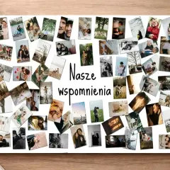 Jak zrobić kolaż ze zdjęć? Na białej tablicy ułożono wiele fotografii przedstawiających pary, rodziny i bliskie chwile.