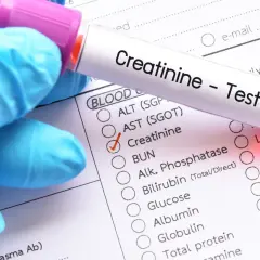 Ręka w niebieskiej rękawiczce trzyma probówkę z napisem "Creatinine - Test". Obok znajduje się formularz z zaznaczoną opcją "Creatinine", wskazującą na badanie kreatyniny w moczu.
