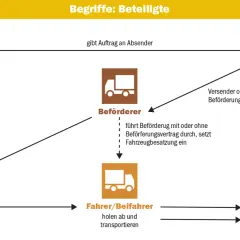 Diagramm zeigt den Prozess der Warenübergabe beim Absender. Auftraggeber gibt Auftrag an Absender, der die Ware an den Beförderer übergibt.
