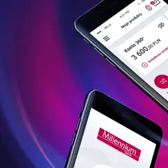 Dwie smartfony z aplikacją bankową Millennium. Na jednym widać saldo konta 3600 zł, na drugim logo banku. To Twoja nowa, wygodna millennium karta wirtualna.