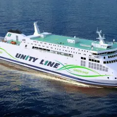 Nowy, ekologiczny prom Unity Line "Green Ship" płynie po morzu, gotowy na podróż do Szwecji.