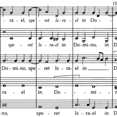 Extrait de partition musicale montrant un exemple de polyphonie vocale avec les paroles "Israel in Domino".