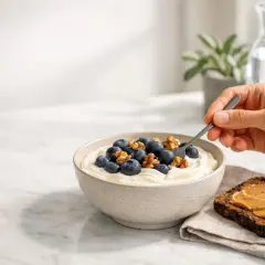 Una ciotola di yogurt con mirtilli e noci, perfetta per un'abbondante colazione proteica. Accanto, una fetta di pane integrale con burro d'arachidi.