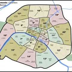 Mapa Paryża z zaznaczonymi dzielnicami (arrondissements). Niektóre obszary, jak 13. i 19. dzielnica, mogą być postrzegane jako niebezpieczne dzielnice Paryża.