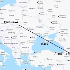Armenia leży na wschód od Turcji, na południe od Gruzji. Mapa pokazuje trasę z Polski do Armenii.