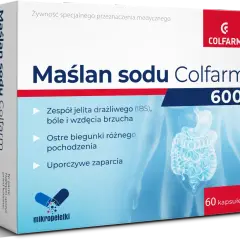 Maślan sodu Colfarm 600 na zespół jelita drażliwego, biegunki i zaparcia. Mikropeletki w kapsułkach.