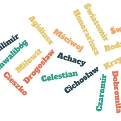 Kreatywna chmura słów prezentująca najdziwniejsze imiona w Polsce, takie jak Jarogniew, Brzetysław, Witosław, Sulimir, Chwalibóg, Miłowit, Drogosław, Achacy, Celesian, Cichosław, Czaromir, Dobromiła, Świętopełk, Rodzisław, Krzyżostan, Bożętyna, Grodzis...