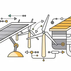 Ilustracja przedstawia schemat działania domu pasywnego: panele słoneczne i turbina wiatrowa dostarczają energię do inteligentnego budynku.