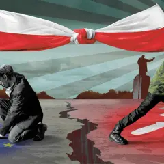 Symboliczna ilustracja Polski podzielonej między UE a Wschód, z ludźmi reprezentującymi różne obozy.