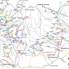 Mapa Tatr Wysokich i Bielskich z zaznaczonym szlakiem turystycznym, schroniskami i szczytami.