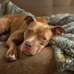 Słodki pitbull odpoczywa na kanapie, otulony kocem. Czy pitbull jest groźny? Ten piesek wygląda na łagodnego.