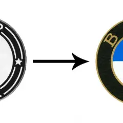 Ewolucja logo: od konia z napisem "RAPP MOTOR" do ikonicznego **bmw logo** z niebiesko-białymi ćwiartkami.