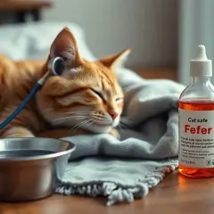 Pomarańczowy kot odpoczywa, gdy obok leży buteleczka z lekiem "Fefer", sugerującym gorączkę u kota.