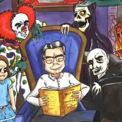 Stephen King w otoczeniu postaci z jego horrorów: Pennywise, bliźniaczki Grady, Jack Torrance, Dracula, śmierć i kobieta w czerwonej sukni.