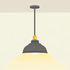 Lámpara de techo con bombilla colgante cuerda, pantalla gris y detalles dorados, iluminando un espacio acogedor.