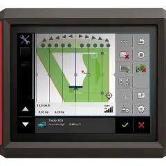Écran d'un terminal agricole affichant une carte de guidage pour un isobus tracteur, avec des données de vitesse et de surface.