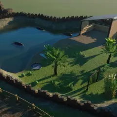 Wodne wybiegi dla hipopotamów w Planet Zoo, z kilkoma zwierzętami pływającymi w stawie i zielonym terenem z palmami.