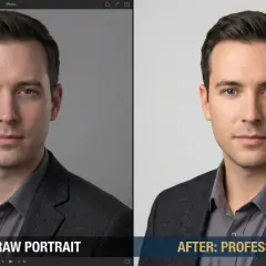 Before and after portrait comparison, showcasing photo editing tips with adjustments for exposure, clarity, and skin softening in Lightroom.