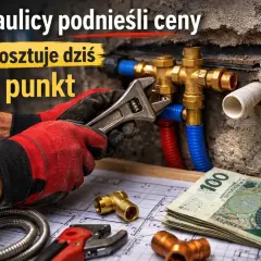 Ręce w czerwonych rękawiczkach dokręcają kluczem mosiężne złączki hydrauliczne, obok leżą pieniądze.