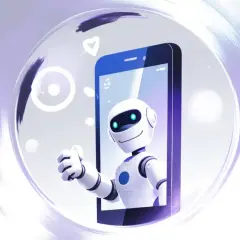 Uśmiechnięty robot z niebieskimi oczami wychyla się z ekranu smartfona, pokazując kciuk w górę. To symbol nowoczesnego wykorzystania sztucznej inteligencji w codziennym życiu.