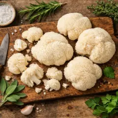 Hongos melena de león, frescos y listos para cocinar, junto a hierbas aromáticas y ajo en una tabla de madera.