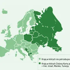 Mapa Europy z zaznaczonymi krajami, gdzie Zielona Karta jest wymagana (ciemnozielony) lub nie (jasnozielony).