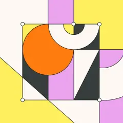 Abstract digital artwork featuring geometric shapes in pastel colors. An orange circle is partially enclosed by a square, with arcs and triangles completing the composition.