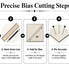 Steps for precise bias cutting: prepare fabric, mark grain line, fold fabric at 45 degrees, pin layers, and cut with shears.