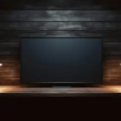 Ciemny ekran telewizora, dwie lampki po bokach, drewniana ściana i półka. Brak obrazu w telewizorze, tylko pustka.