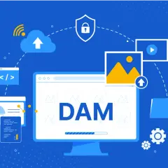 Illustration d'un système DAM d'entreprise : gestion de contenu visuel, sécurité, stockage cloud et analyse de données.