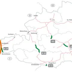 Mapa Austrii z zaznaczoną drogą S16 i obszarem Arlberg. Widoczne są inne autostrady (A9, A10, A11, A13) i miasta.