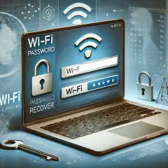 Laptop z ekranem pokazującym okno logowania Wi-Fi i hasło. Ikony zamka i klucza sugerują, jak odzyskać hasło do Wi-Fi.