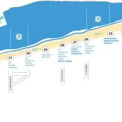 Mapa plaży w Krynicy Morskiej z zaznaczonymi atrakcjami, barami i punktami usługowymi. Idealne miejsce na jod nad morzem.
