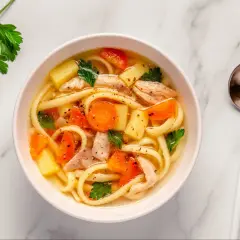 A miseczce paruje aromatyczna zupa z makaronem, z kawałkami kurczaka, marchewki i ziemniaków, ozdobiona natką pietruszki.