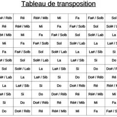 Tableau de transposition musicale montrant les notes et leurs altérations pour chaque intervalle.
