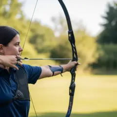 Kobieta ćwiczy, jak strzelać z łuku, celując w tarczę na tle zieleni.