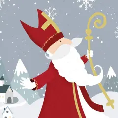 Nikolaus in der Schweiz, mit seinem Stab und Mitra, steht vor verschneiten Bergen und kleinen Häusern.