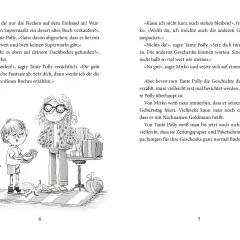 Mirko und Tante Polly stehen vor Geschenken. Tante Polly erzählt Mirko die Geschichte eines neuen Buches von Paul Maar.