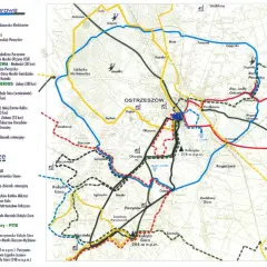 Mapa tras rowerowych Wielkopolski, z zaznaczonymi szlakami wokół Ostrzeszowa i Kobylej Góry.