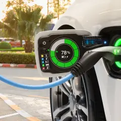 Biały samochód elektryczny (BEV) ładuje się, wskaźnik pokazuje 78%. Zielona obwódka wokół gniazda EV świeci.