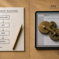 Schemat automatyzacji klasycznej obok tabletu z zębatkami symbolizującymi RPA. Zrozum, co to RPA.