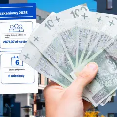 Dofinansowanie do mieszkania 2026: limity dochodów, kwota dodatku 250-400 zł i okres przyznania 6 miesięcy. W tle polskie banknoty.