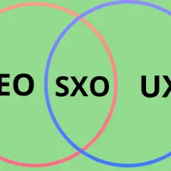 Diagram z nakładającymi się okręgami: SEO, SXO, UX. SXO to połączenie SEO i UX, klucz do sukcesu w internecie.