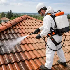Un couvreur en tenue de protection pulvérise un traitement sur un toit en tuiles rouges.