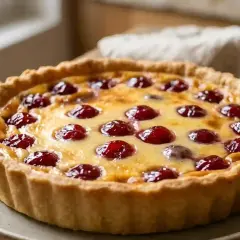 Un délicieux flan aux cerises, avec sa croûte dorée et sa garniture crémeuse parsemée de fruits rouges brillants.