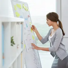 Kobieta przy tablicy planuje zadania, szukając sposobu jak pokonać lenistwo.